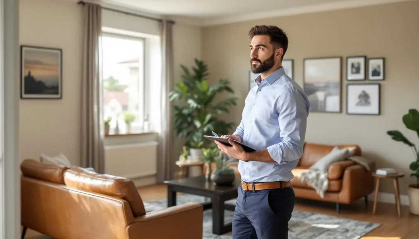 In this image, a couple is discussing the process of home buying, surrounded by papers and a laptop that displays mortgage rates and property tax information. They are evaluating the financial implications, such as down payments and monthly mortgage payments, while considering the benefits of owning a home versus renting.