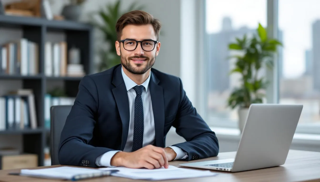 A mortgage broker is depicted in a professional office setting, discussing mortgage options with a client. The image conveys a sense of financial guidance, highlighting aspects like monthly mortgage payments, down payments, and the importance of building equity when considering home ownership versus renting.