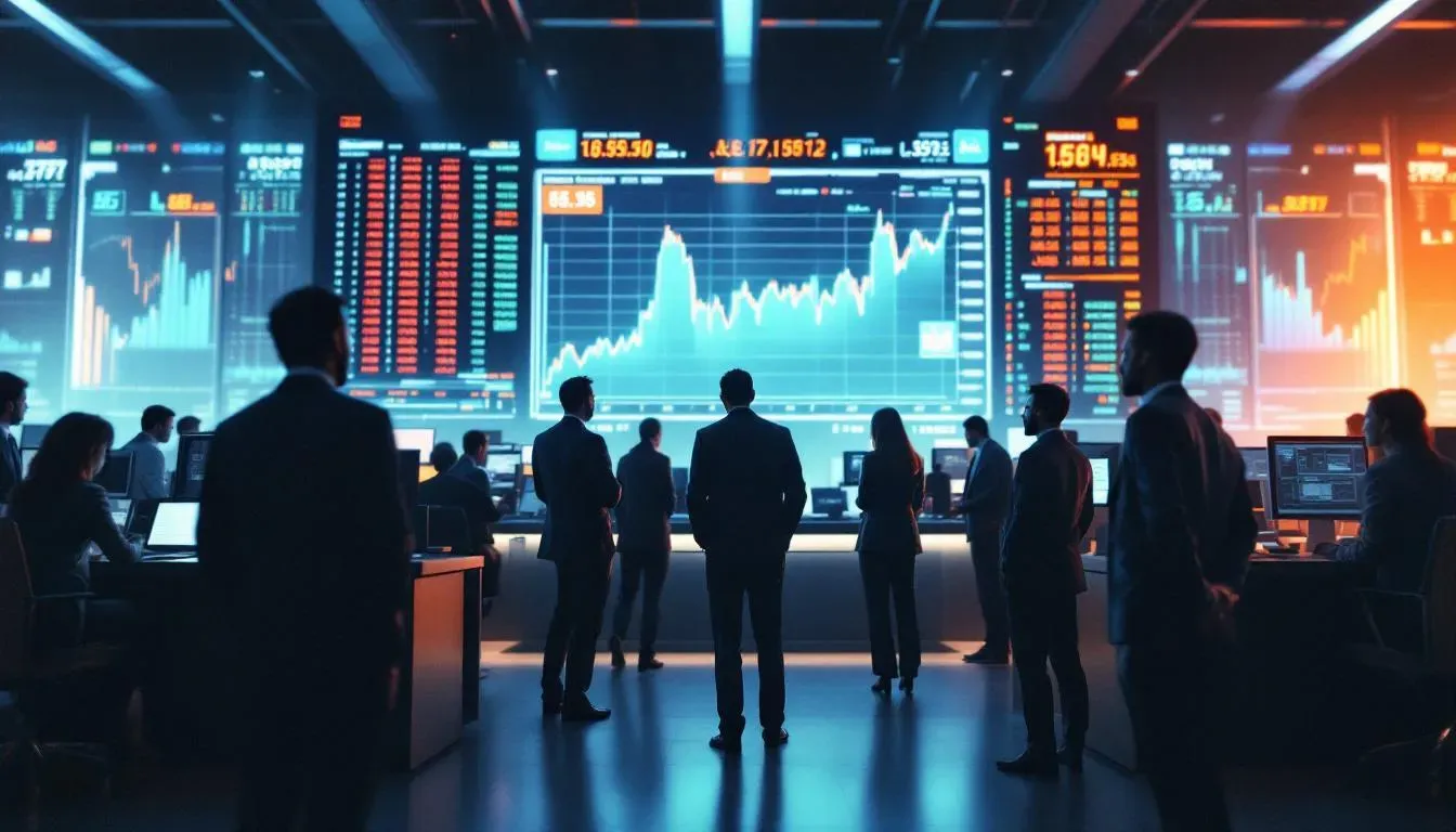 The image depicts a bustling financial market environment, showcasing traders and investors engaged in transactions involving various financial instruments such as stocks and bonds. The scene highlights the dynamic nature of price determination and risk management within the capital market, emphasizing the critical role these markets play in the global economy.
