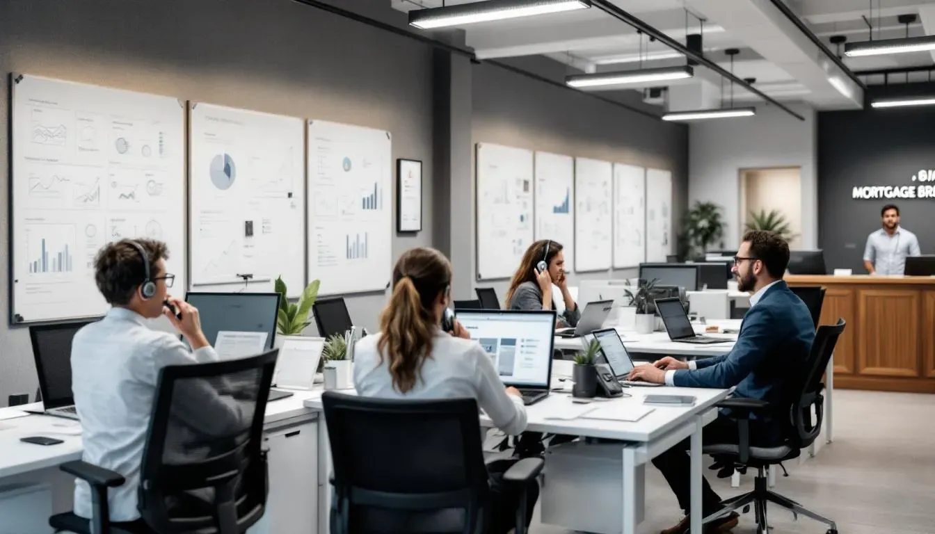A group of mortgage brokers is gathered around a conference table, discussing strategies to navigate the financial markets and assist clients in securing loans. They are focused on understanding interest rates and market trends to provide the best financial instruments for homebuyers.