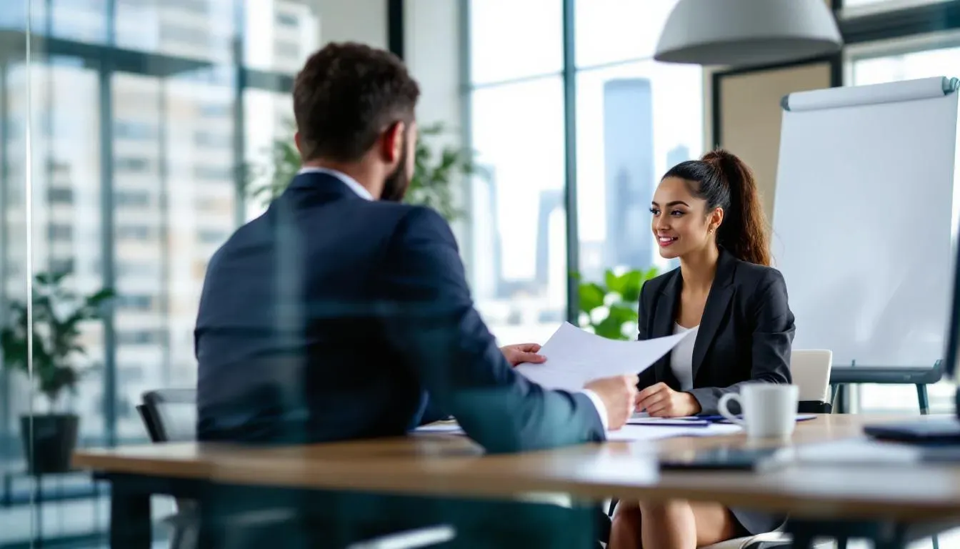 A loan officer is seated at a desk discussing options with a homebuyer, who is reviewing documents related to their mortgage loan. The conversation likely involves key topics such as monthly mortgage payments, down payment amounts, and interest rates.