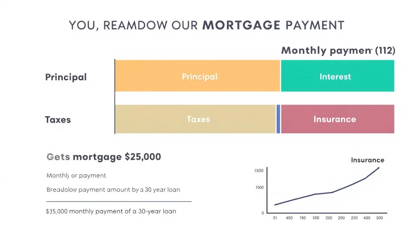 The image depicts a mortgage payment calculator interface, showcasing various fields for inputting details such as loan amount, down payment, interest rate, and loan term to estimate monthly mortgage payments. It emphasizes the importance of calculating total monthly mortgage payments, including property taxes and homeowners insurance, to help potential buyers understand their financing options.