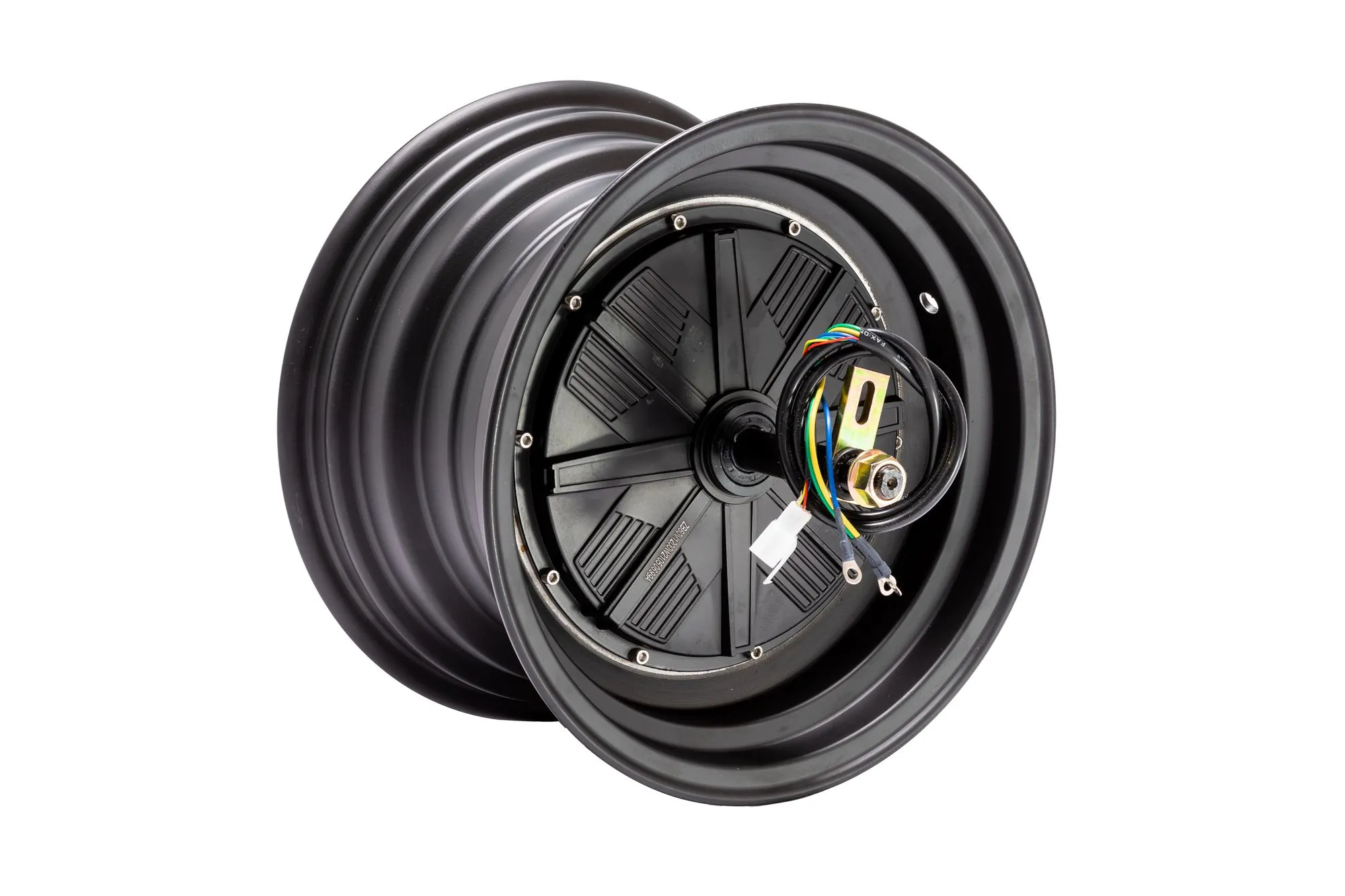 Black electric motor wheel hub with attached wiring cable and connector on white background.