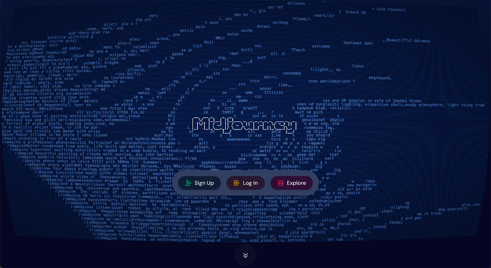 A screenshot of the MidJourney interface featuring swirling text and design elements on a dark blue background.