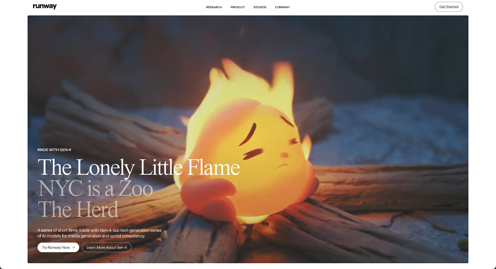 A cute animated flame character with a sad expression sitting among logs, representing a whimsical story titled 'The Lonely Little Flame'.