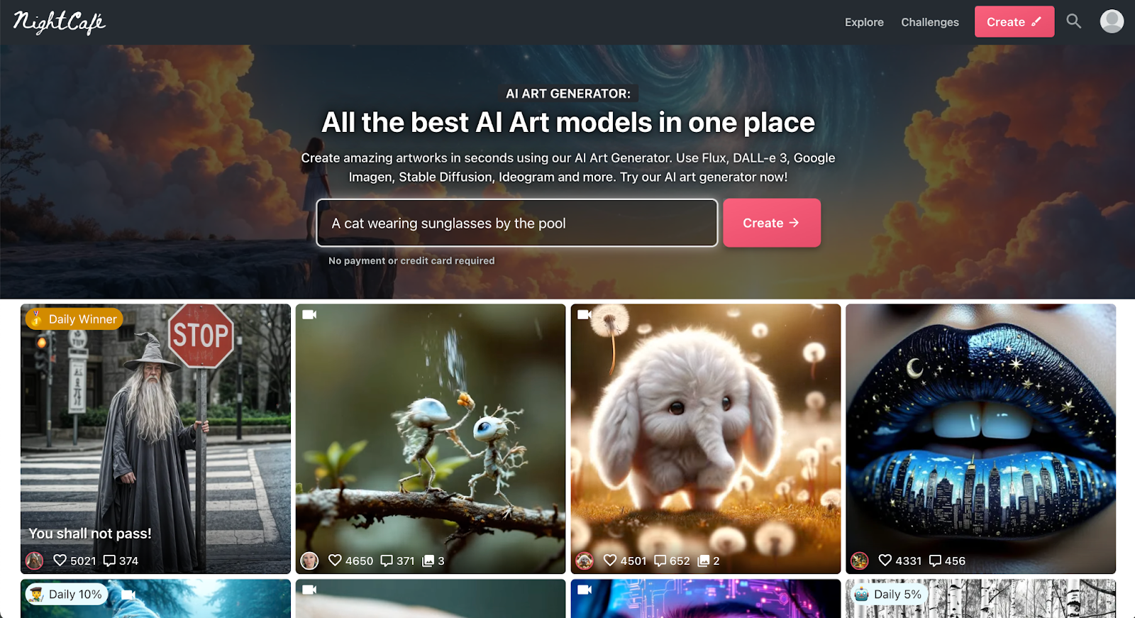 Screenshot of the NightCap AI Art Generator interface showcasing various artworks, featuring a prompt input box and a navigation menu.