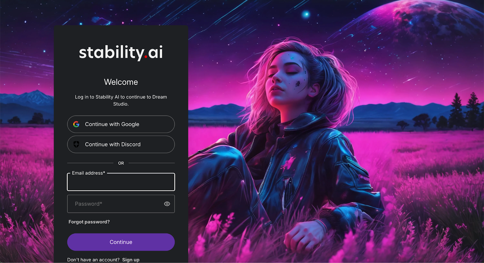 A futuristic login interface for Stability AI with a vibrant cosmic background featuring a girl sitting in a pink field, surrounded by mountains and stars.