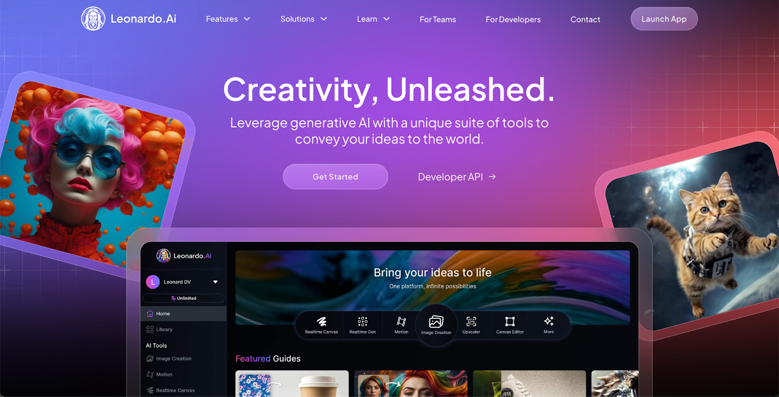 Homepage of Leonardo.Ai showcasing generative AI tools with a purple gradient background and two featured images, one of a colorful portrait and another of a cat in space.