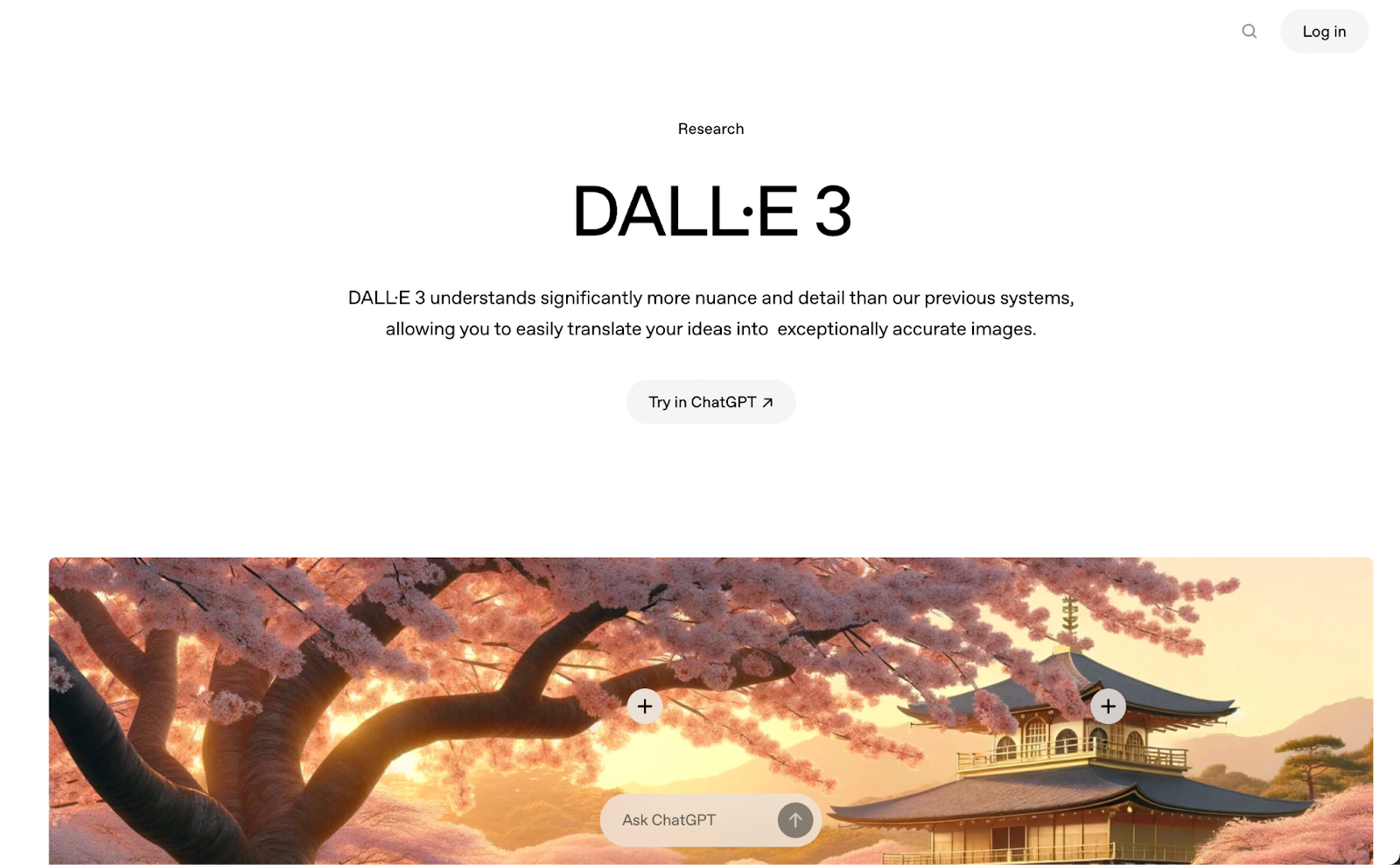 Research page for DALL·E 3 showcasing a beautiful cherry blossom tree and a traditional Japanese building