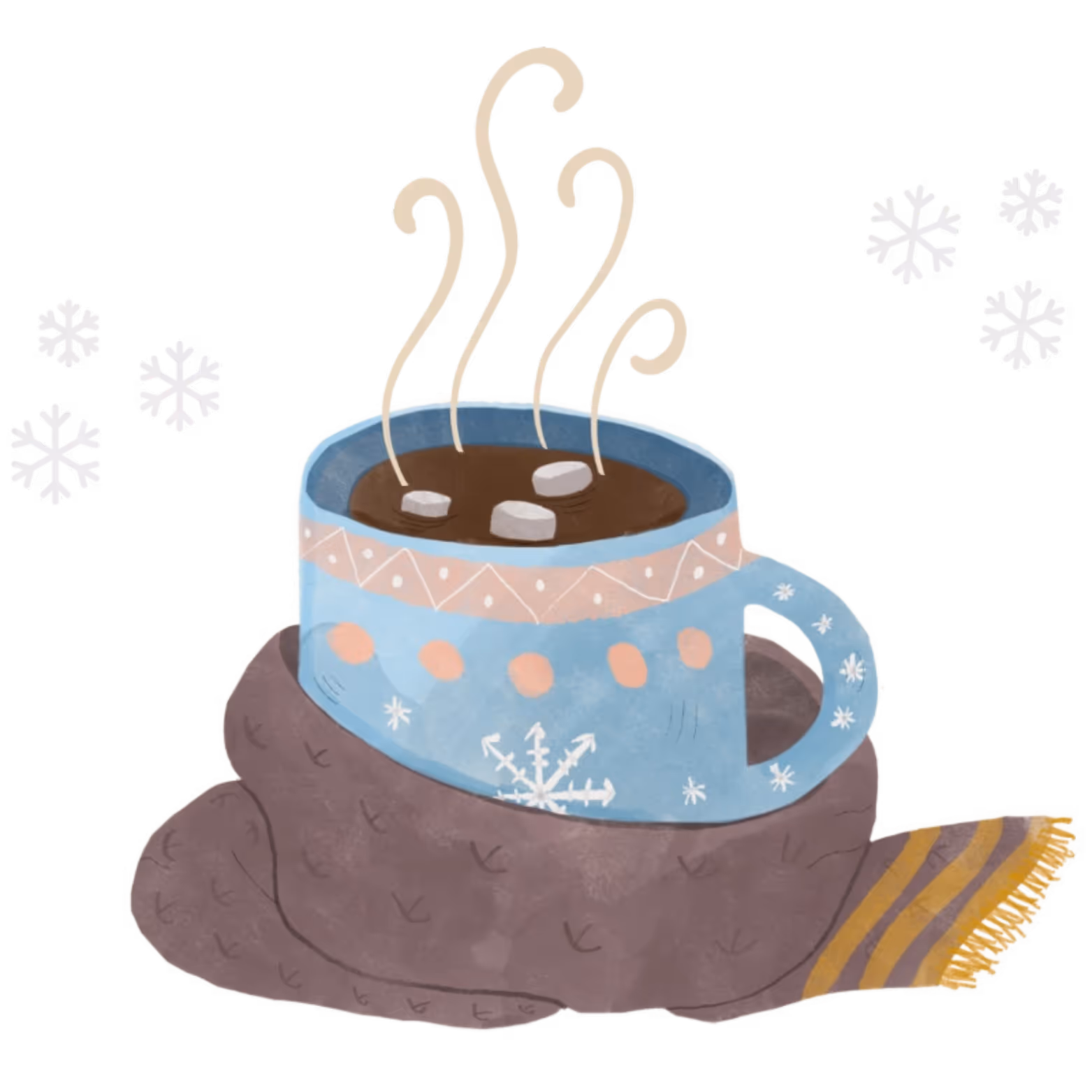 A steaming coffee mug wrapped in a brown scarf and surrounded by snowflakes.An illustration from the Little Digital tale, In the Winter.