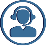 A blue head wearing a headset surrounded by a circle.