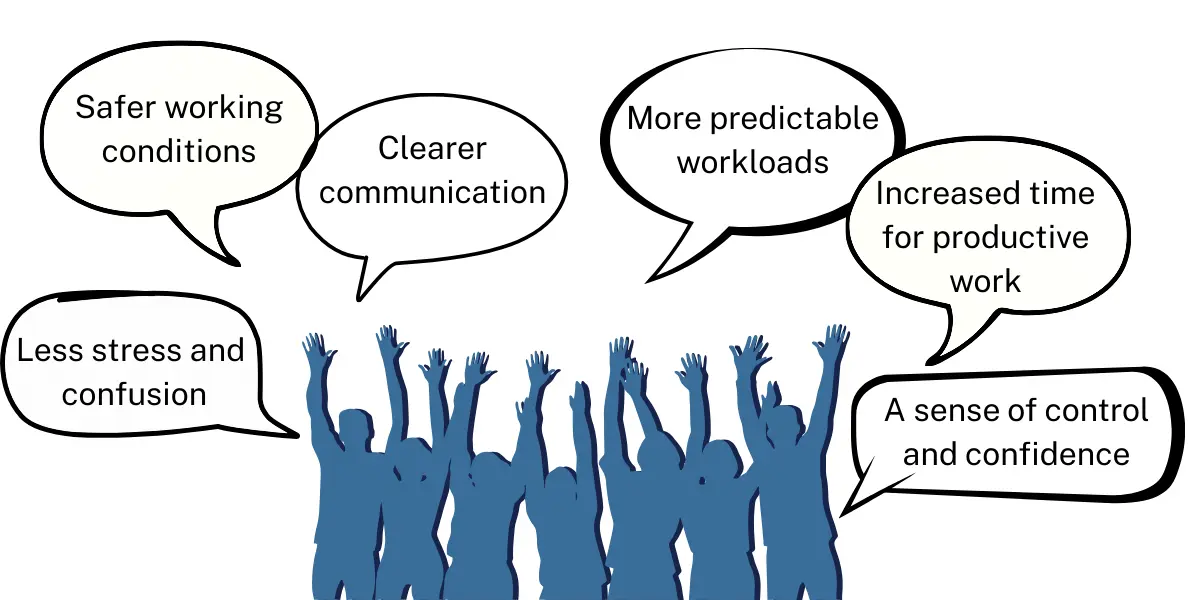 A blue silhouette of people with hands raised and thought bubbles for why they are more likely to stay (listed in bullets below).