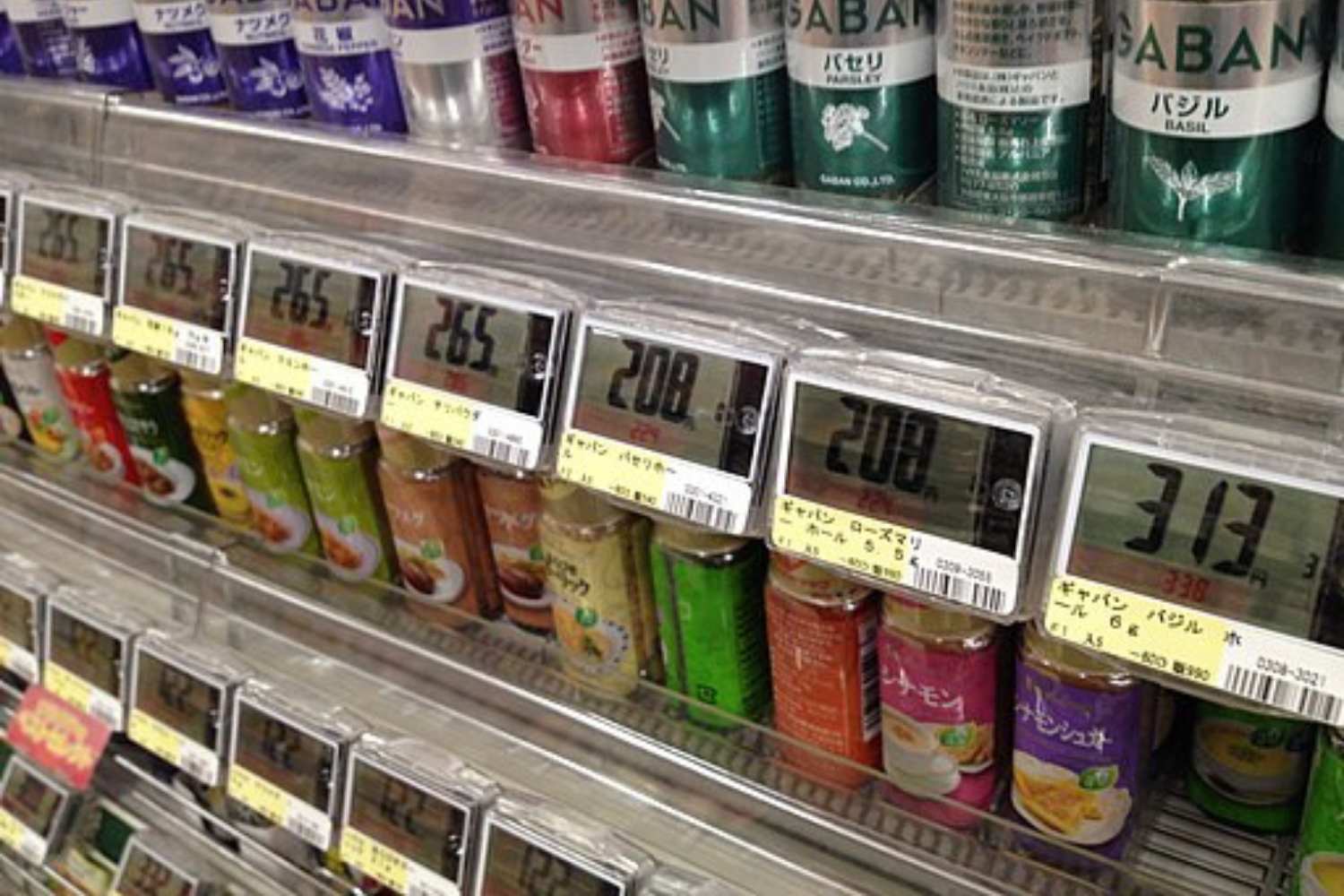 Example of electronic shelf labels also know as digital price tags inside a grocery retail store