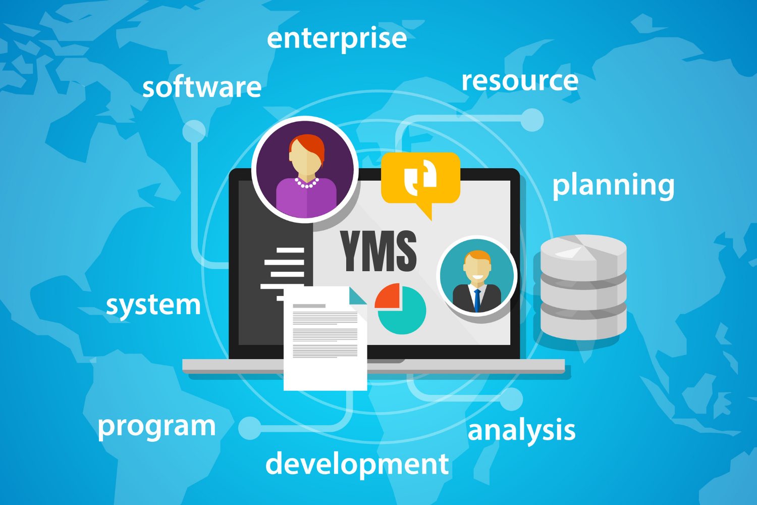 Illustration of a computer with YMS for yard management integration on the screen with text surrounding it