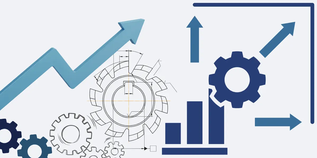 An illustration of a rising arrow, gears and a bar chart.