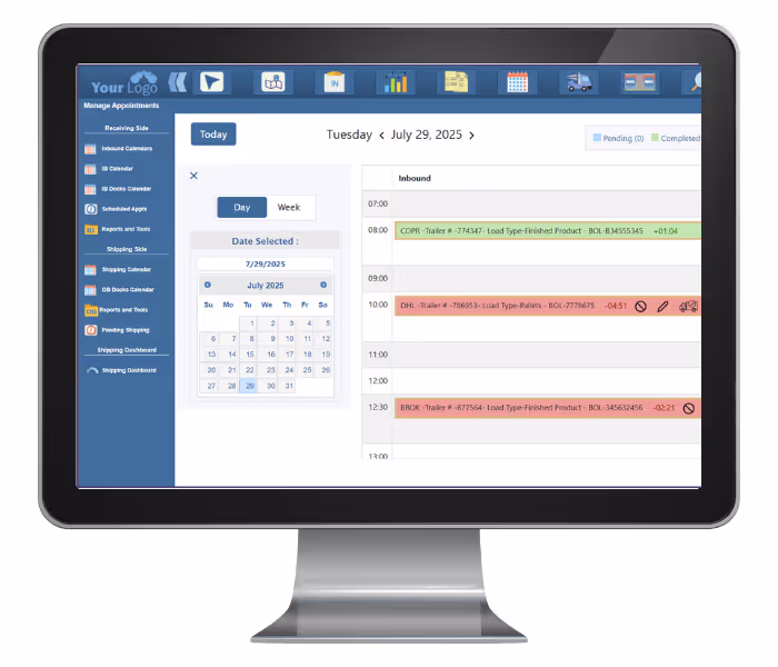The inbound screen with a small monthly calendar on the left and movement details for a specific day displayed on the right side.