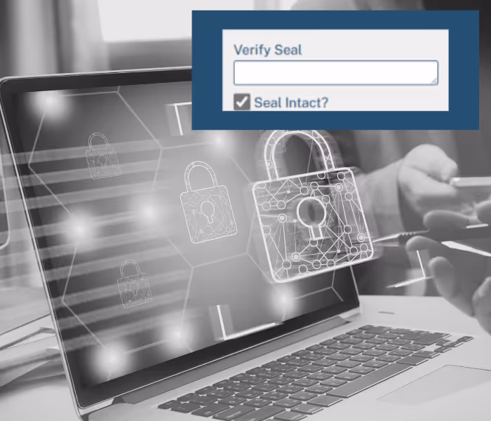 A close up of the verify seal prompt with a gray scale computer overlayed with a lock in the background symbolizing security.