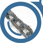 A chain with ice on it viewed through the left side of "YardView" blue binoculars.