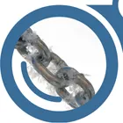 A chain with ice on it viewed through the left side of "YardView" blue binoculars.
