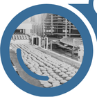 A view of food on an assembly line through the left side of "YardView" blue binoculars.