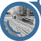 A view of food on an assembly line through the left side of "YardView" blue binoculars.