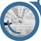 A close-up view of a retail cart entering a store seen through the left side of "YardView" blue binoculars.