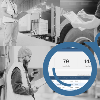A close-up of a YardView dashboard seen through the left side of blue binoculars with pictures of warehouse workers and drivers checking clipboards in the background.