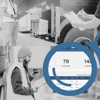 A close-up of a YardView dashboard seen through the left side of blue binoculars with pictures of warehouse workers and drivers checking clipboards in the background.