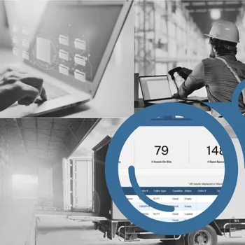 A close-up view of a YardView dashboard through the left side of blue binoculars with grayscale background images of worker on a laptop and trucks at a dock.