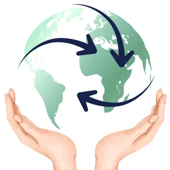 Open hands holding the world with three arrows going around it.