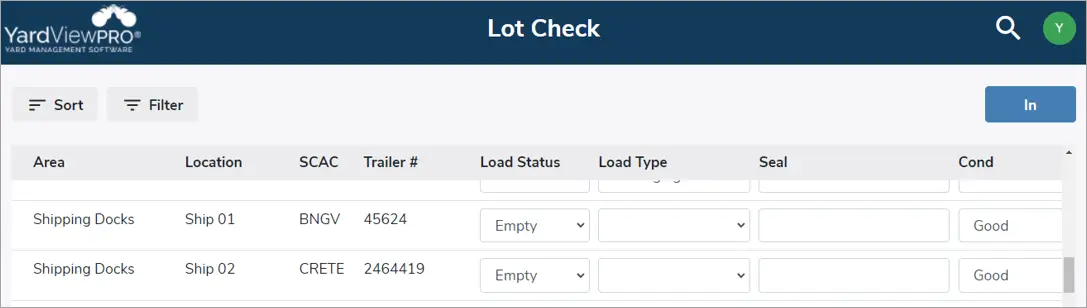 A lot check screen for yard drivers using YardView's YMS.