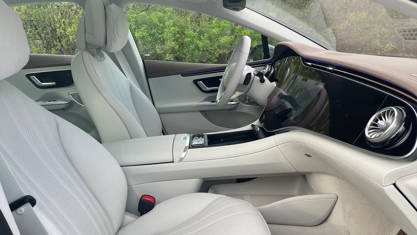 A 2025 Mercedes-Benz EQE 500 drivers view of the front of the car