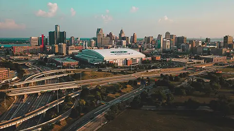 The Detroit motor city skyline during the day