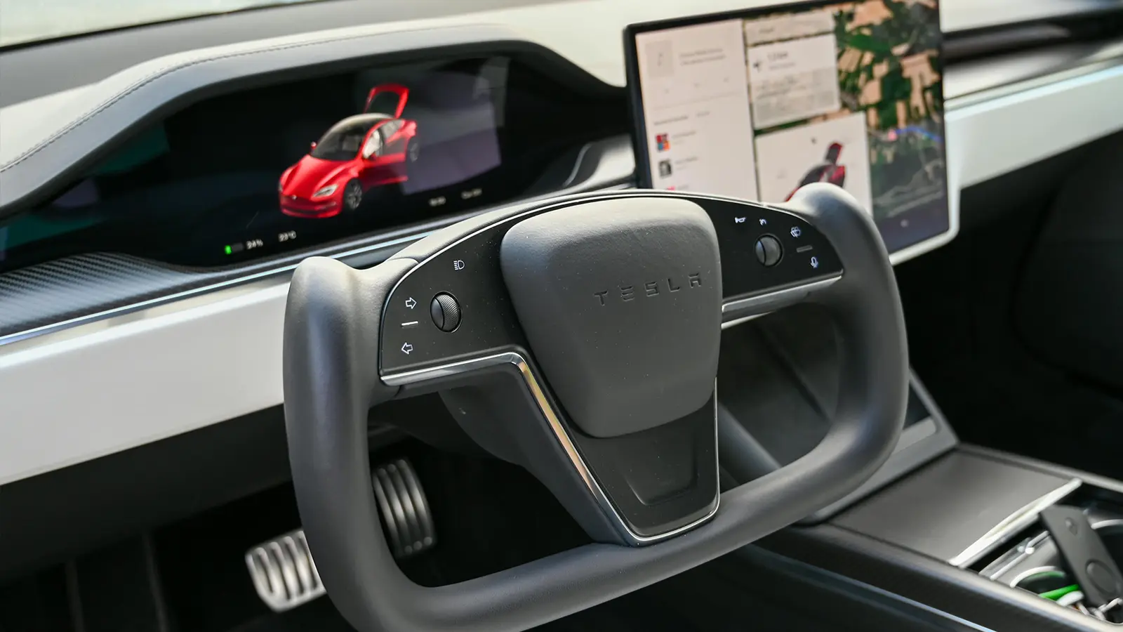 A dashboard view in a Tesla