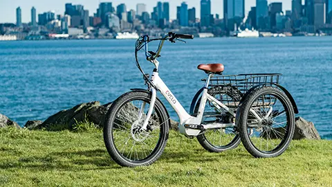 A cargo e-Bike on the bay with a cargo basket int he back on a nice sunny day