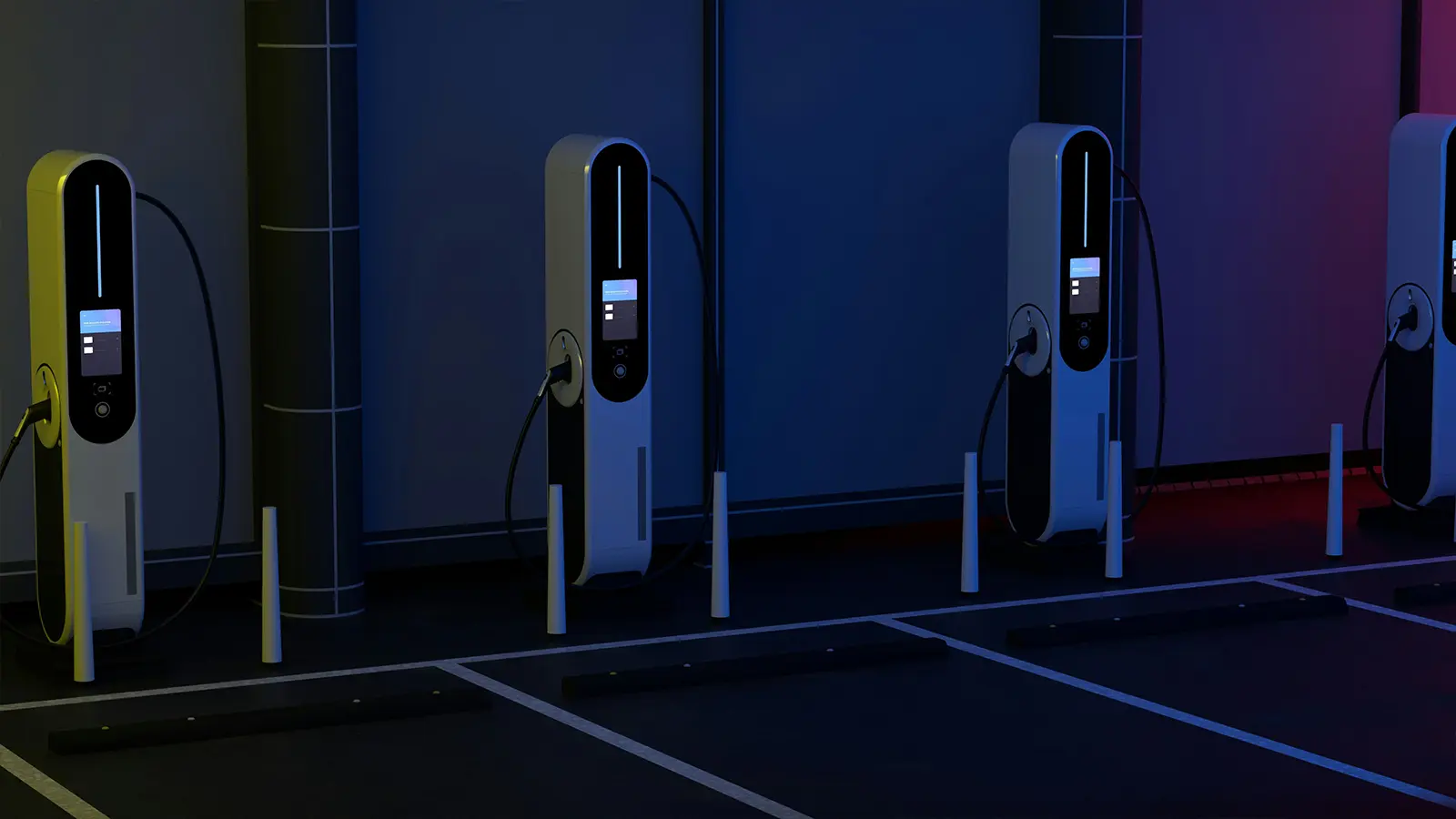 Several EV charging stations located in a garage.