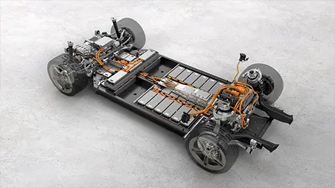 Electric car chassis with EV battery view