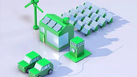 A GreenCar charging via renewable energy methods in an animated style