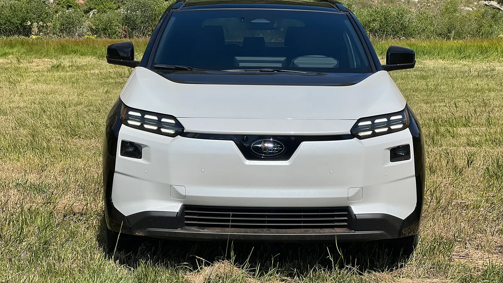 A white 2025 Subaru Solterra nose view
