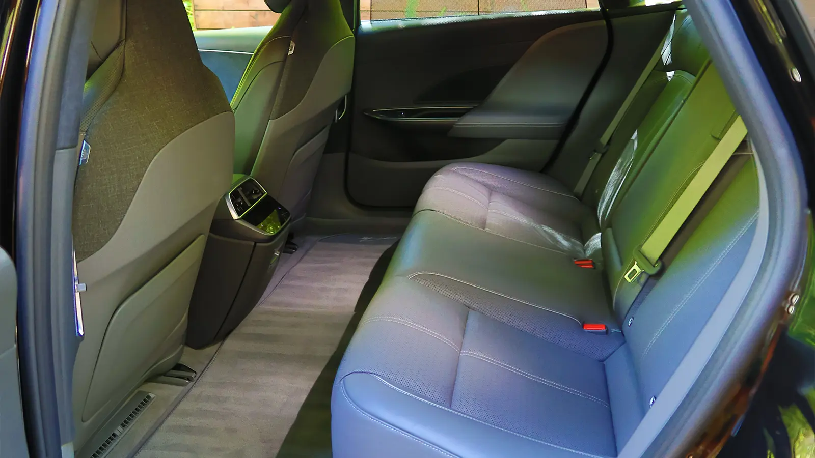 A Black 2025 Lucid Air Grand Touring rear interior view