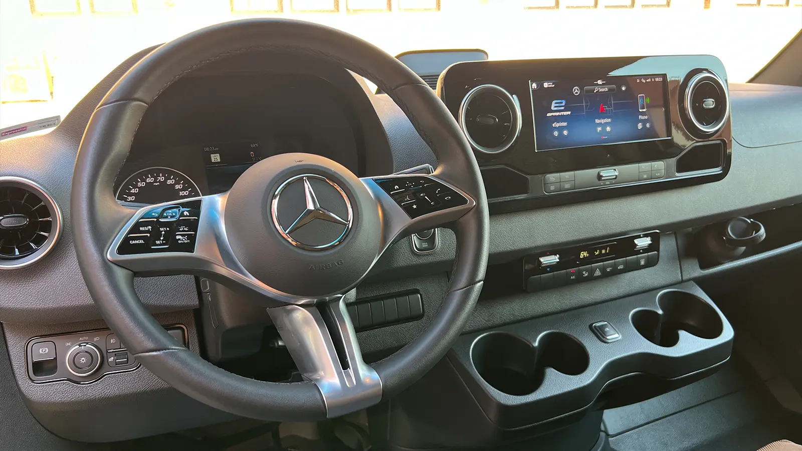 A black Mercedes eSprinter Cargo van drivers dashboardrd