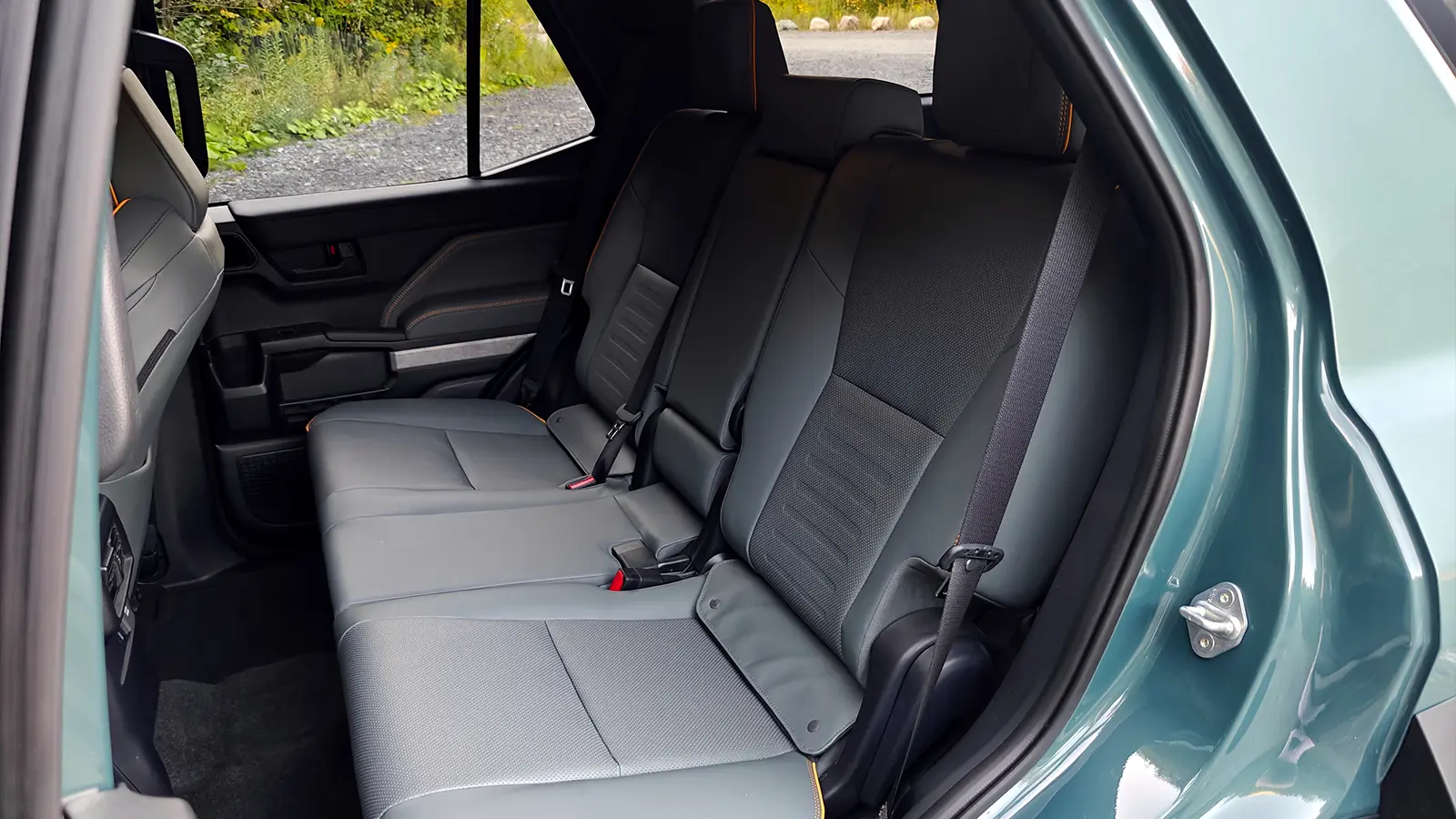 A blue 2025 Toyota 4Runner Trailhunter rear seat view