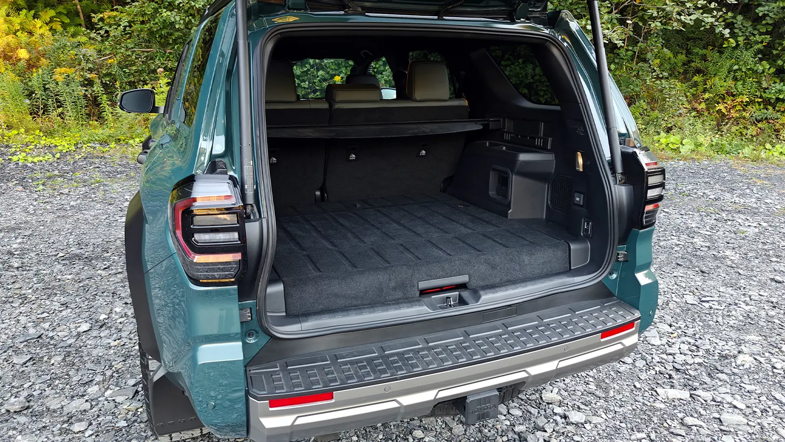 A blue 2025 Toyota 4Runner Trailhunter cargo bay view