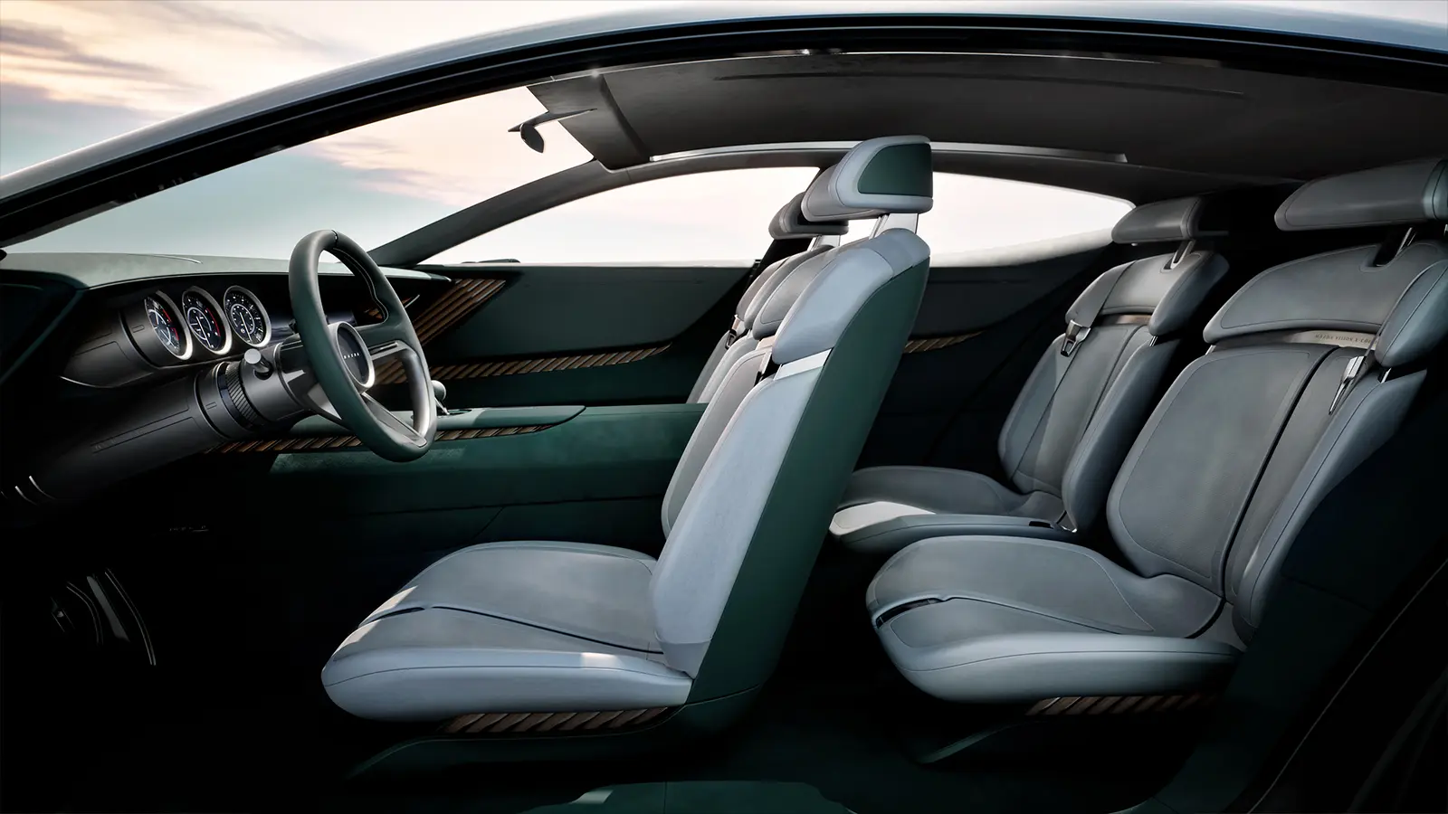 A silver Mazda Vision X coupe interior view