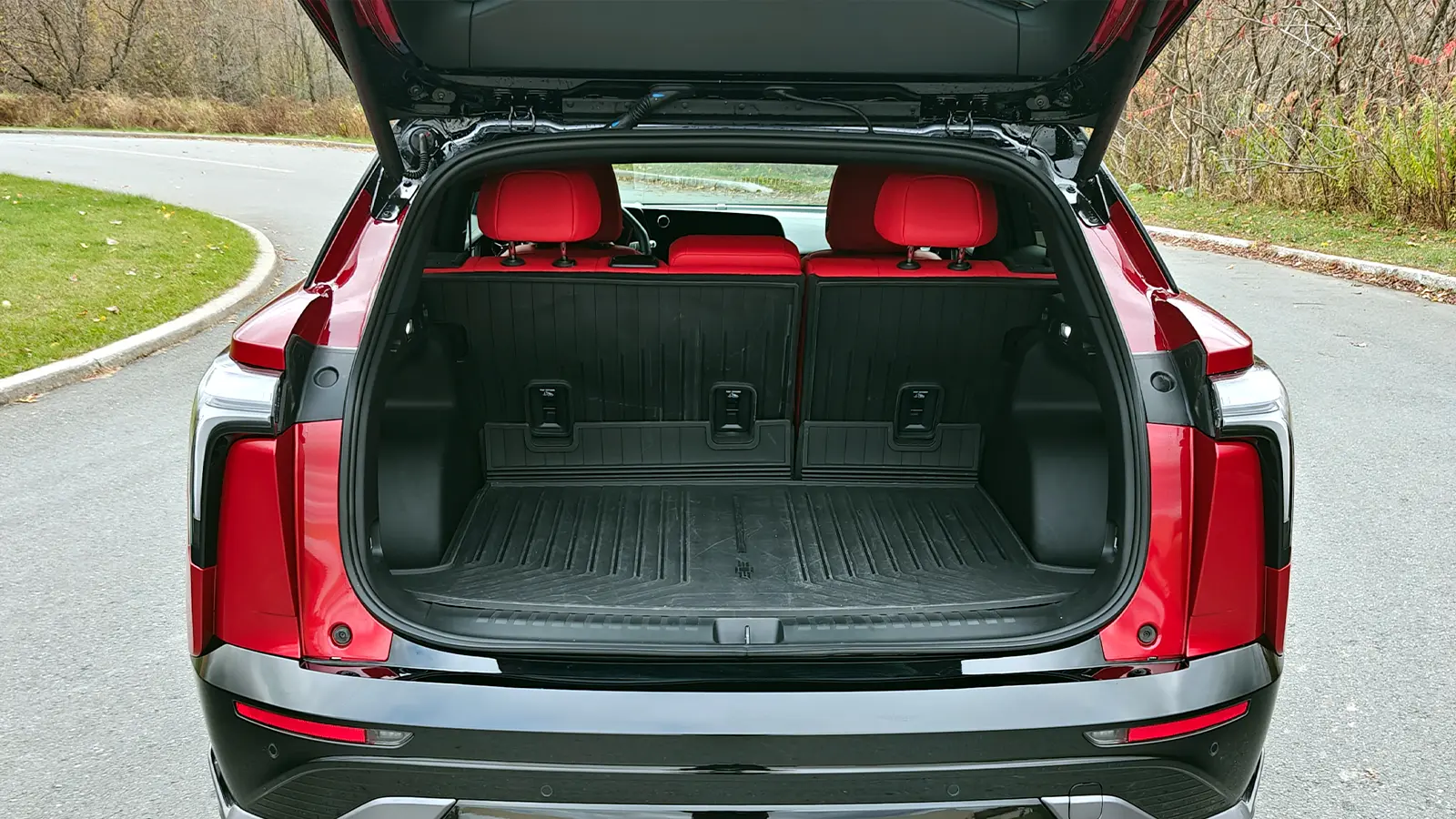 A red 2025 Chevrolet Blazer SS rear cargo bay view