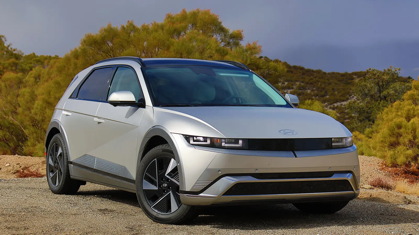 A silver Hyundai Ioniq 5 in the wilderness