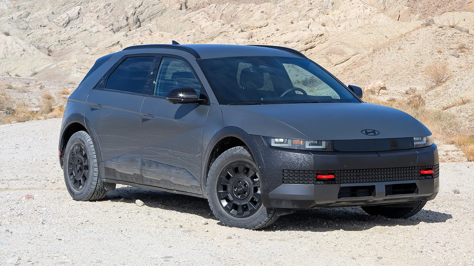 A 2026 dark gray Hyundai Ioniq 5 front three quarter view