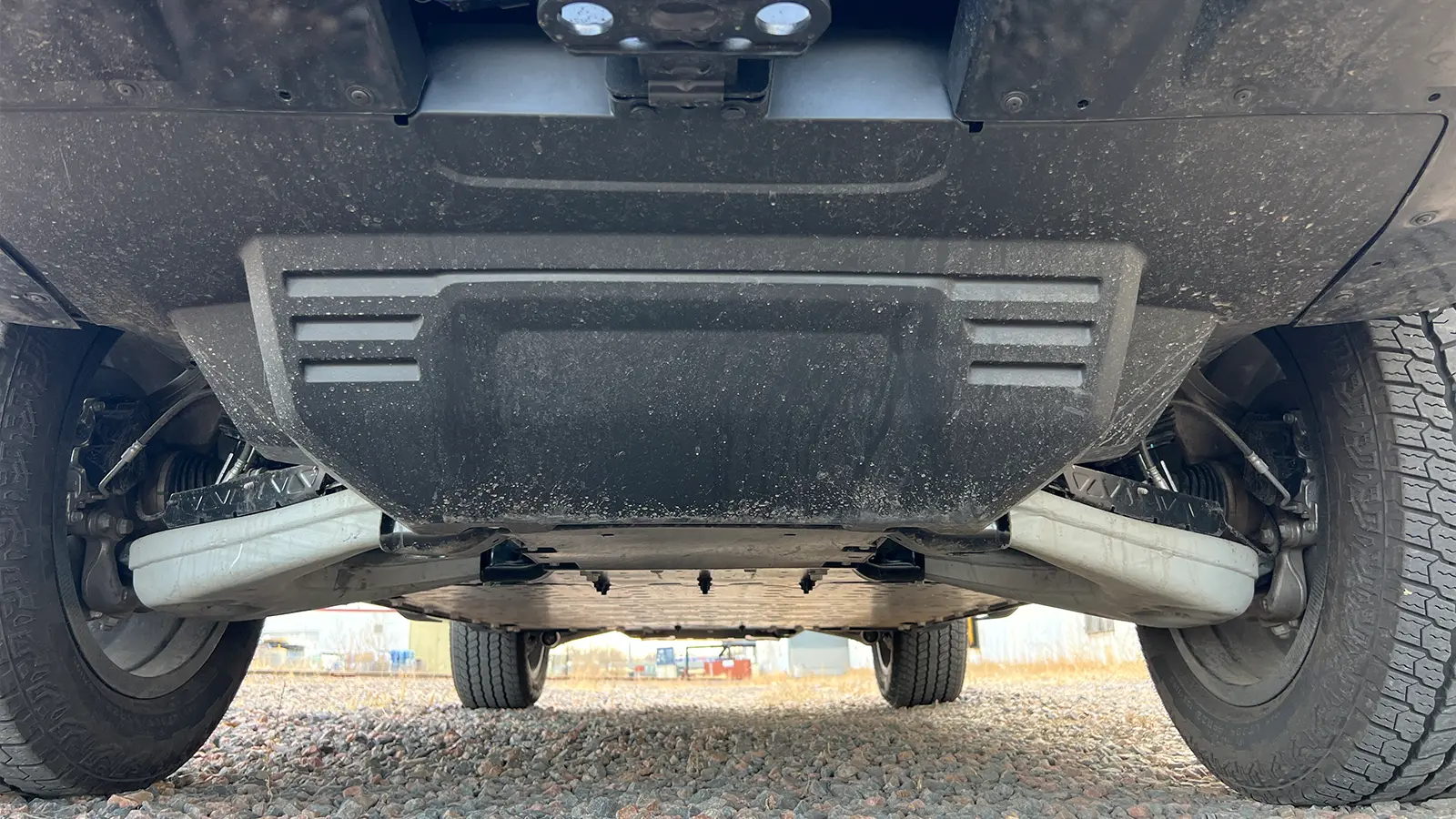 A dark gray 2026 GMC hummer EV pick up under carriage view