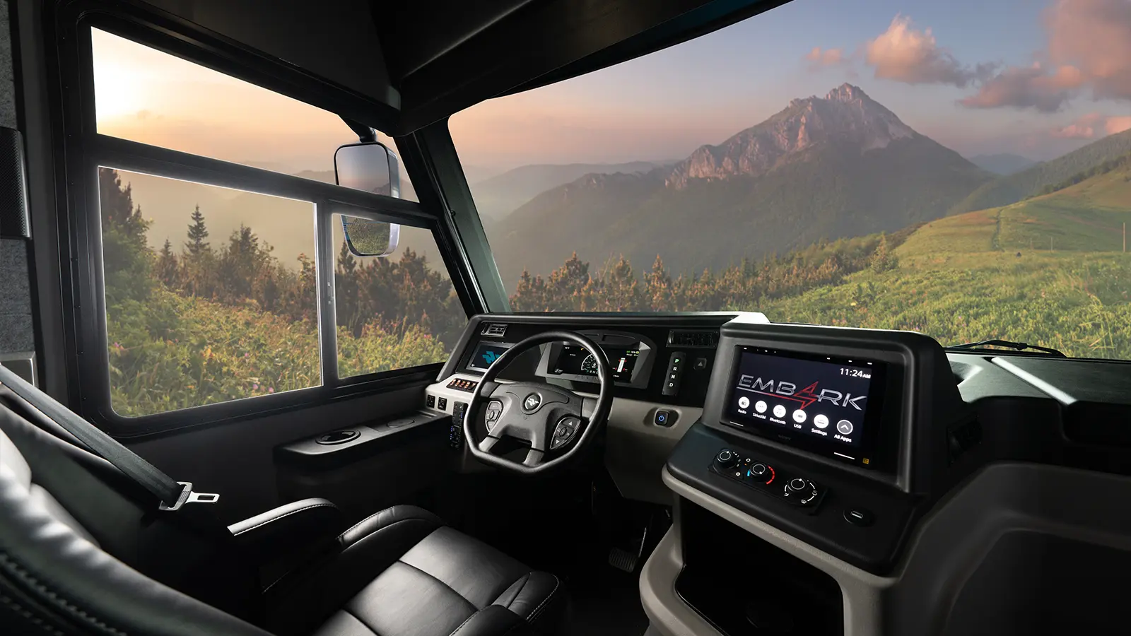 A Entegra Coach front interior driver view