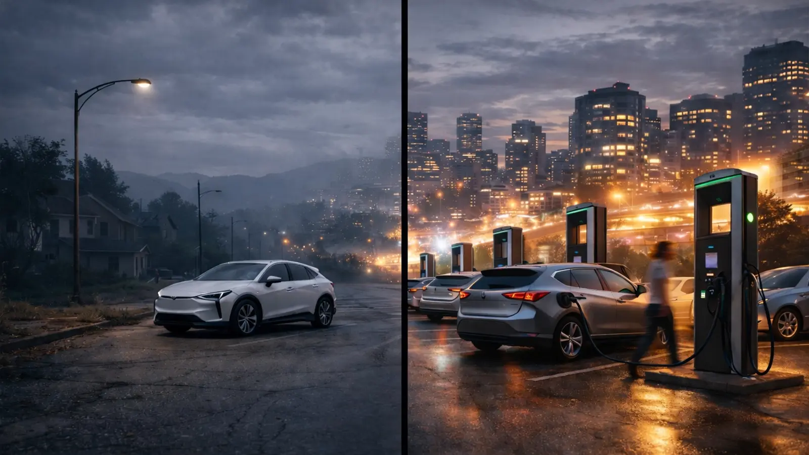 An EV charging lot with multiple cars and contrasting moods